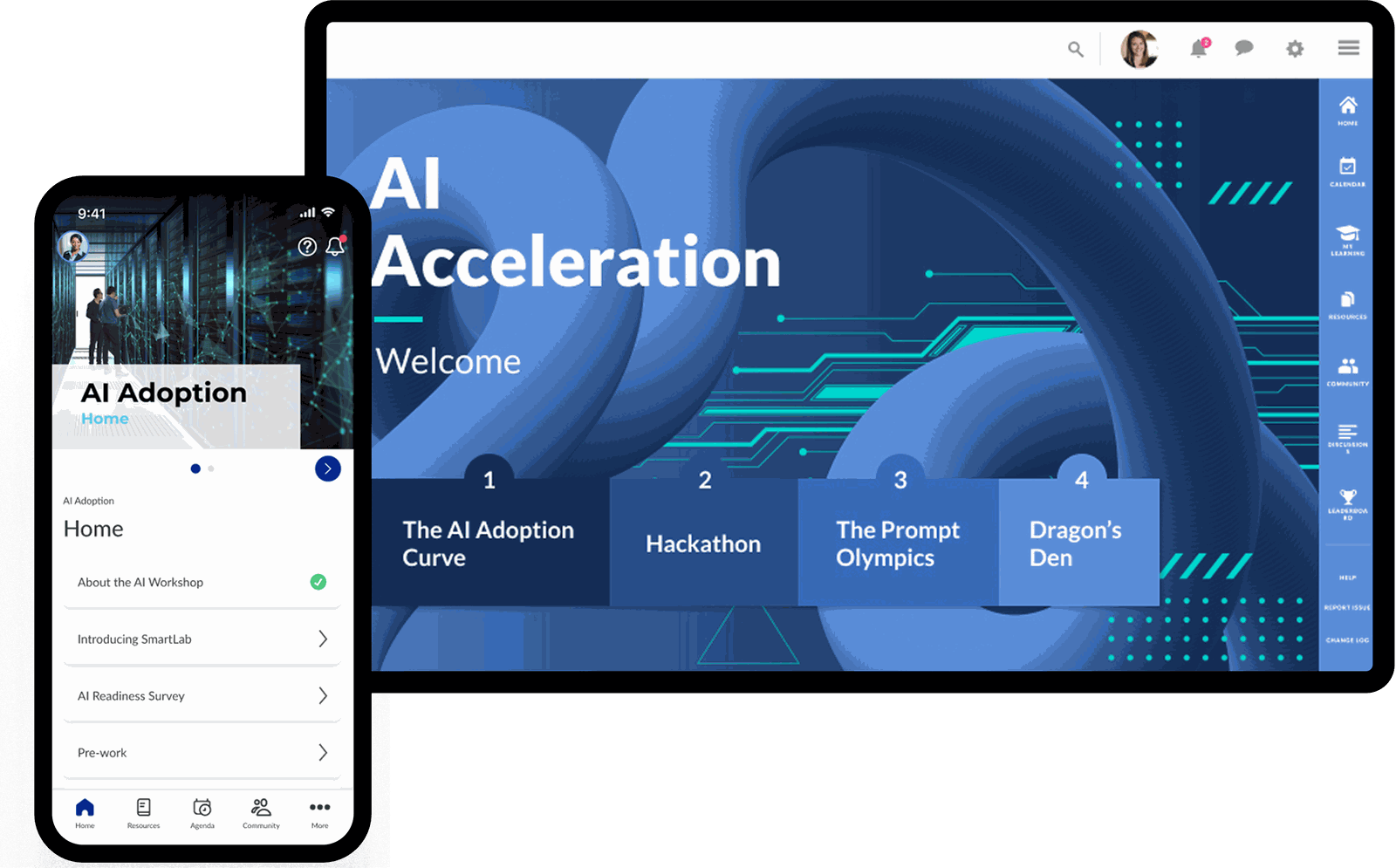 The SmartLab AI Acceleration program environment showing journey phases, labs and dashboards